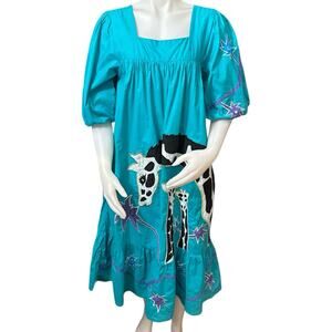 Vintage 70s Ramona Rule Dress, Giraffe Graphic Flowers One Size Teal